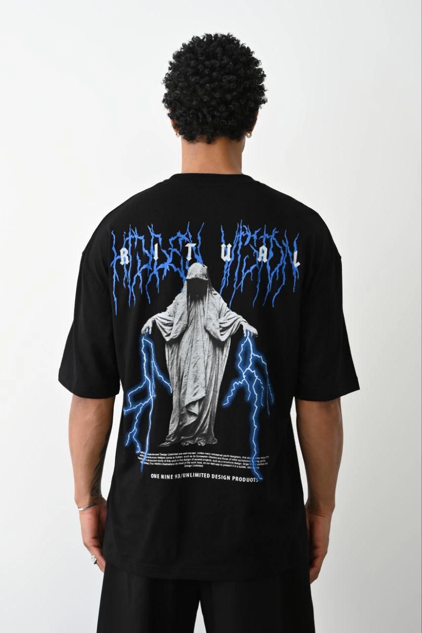 Erkek Baskılı Oversize  Kısa kol T-Shirt - Siyah