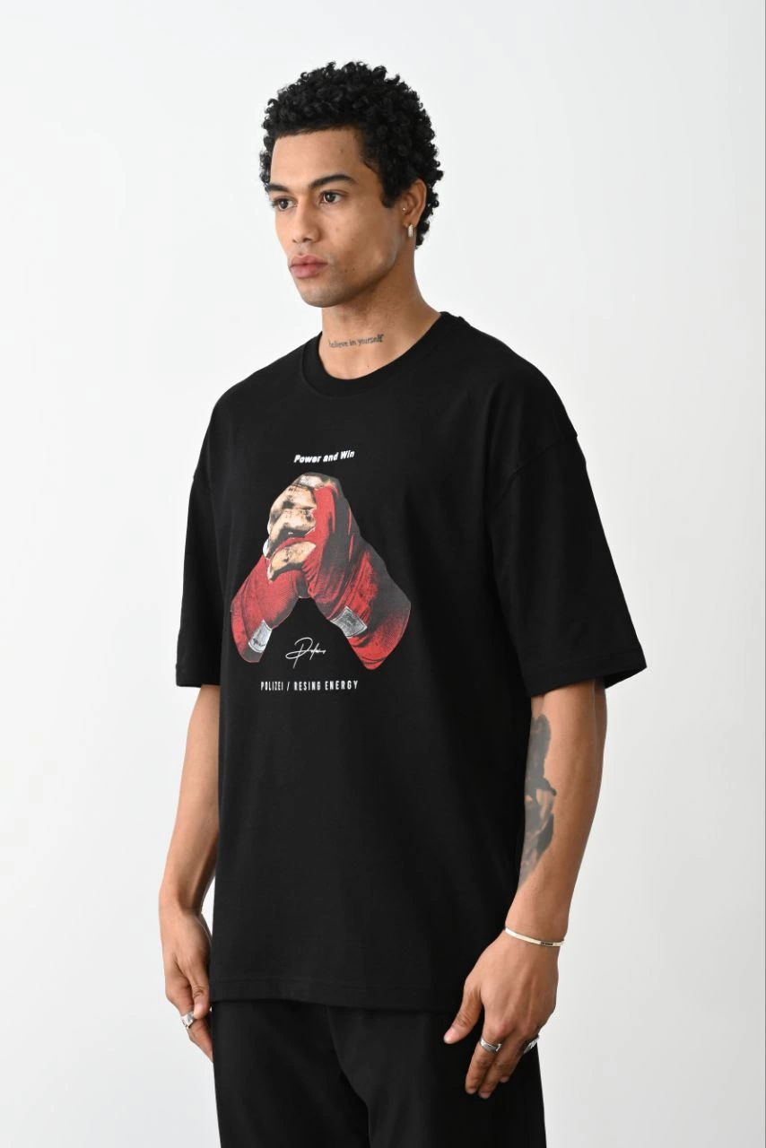 Erkek Boxy Eldiven Baskılı T-Shirt Kısa Kol Bisiklet Yaka Tişört - Siyah