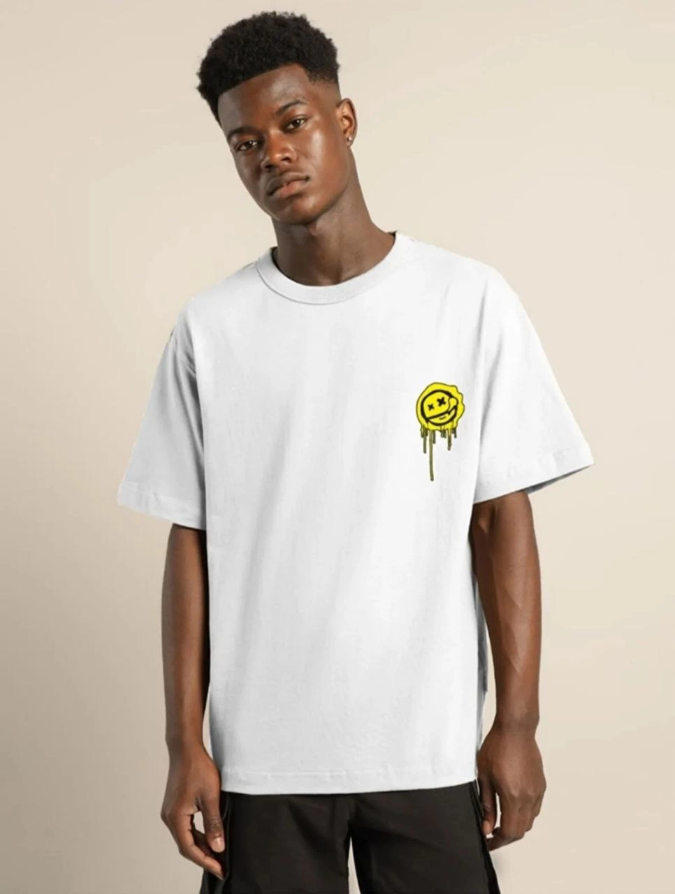 Erkek Kısa Kol Yazlık Tişört Bisiklet Yaka Baskılı Oversize T-Shirt - Beyaz
