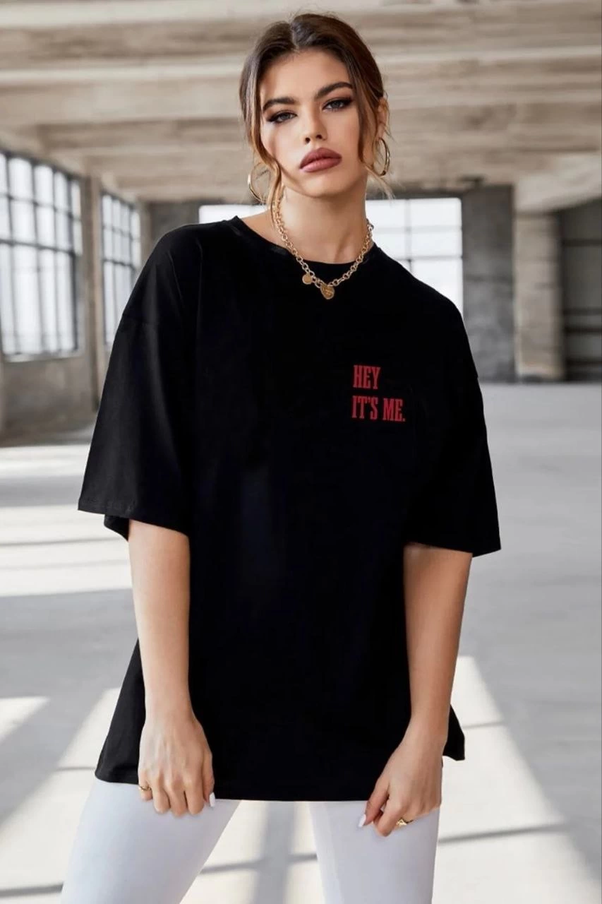 Kadın Baskılı T-Shirt Kısa Kol Bisiklet Yaka Oversize Rahat Kalıp Tişört - Siyah