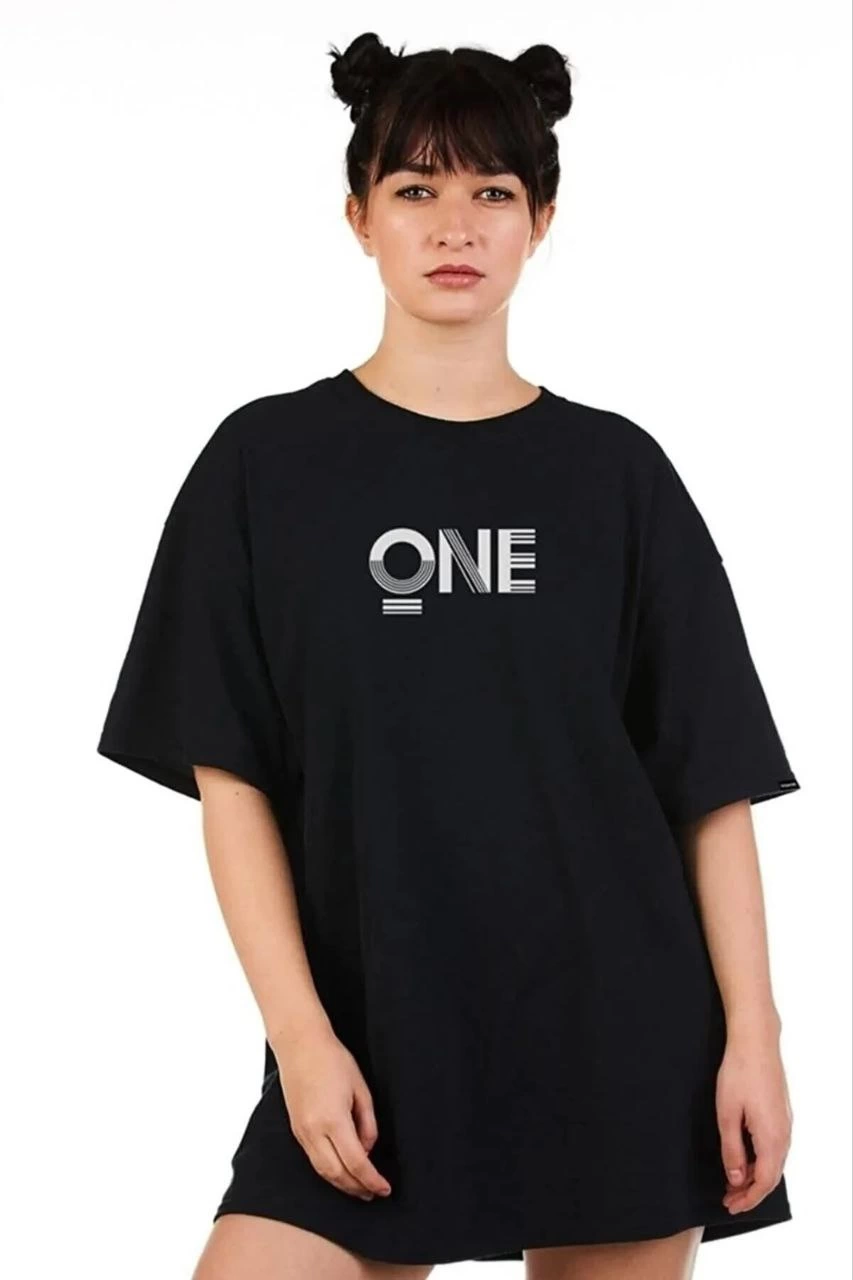 Kadın Baskılı T-Shirt Kısa Kol Bisiklet Yaka Oversize Rahat Kalıp Tişört - Siyah