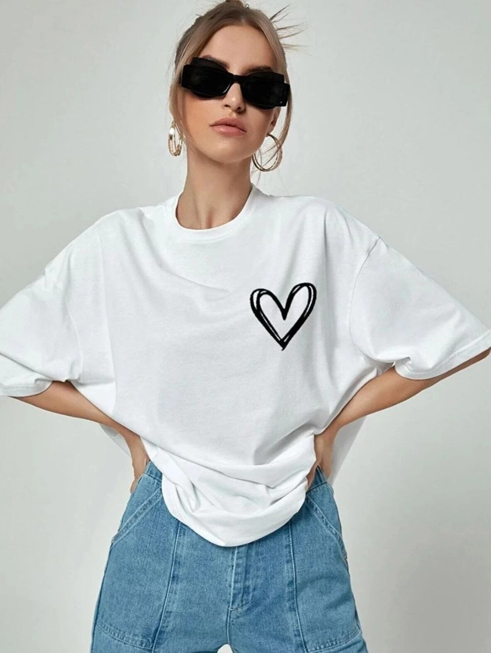 Kadın Tişört Bisiklet Yaka Baskılı Oversize T-Shirt - Beyaz