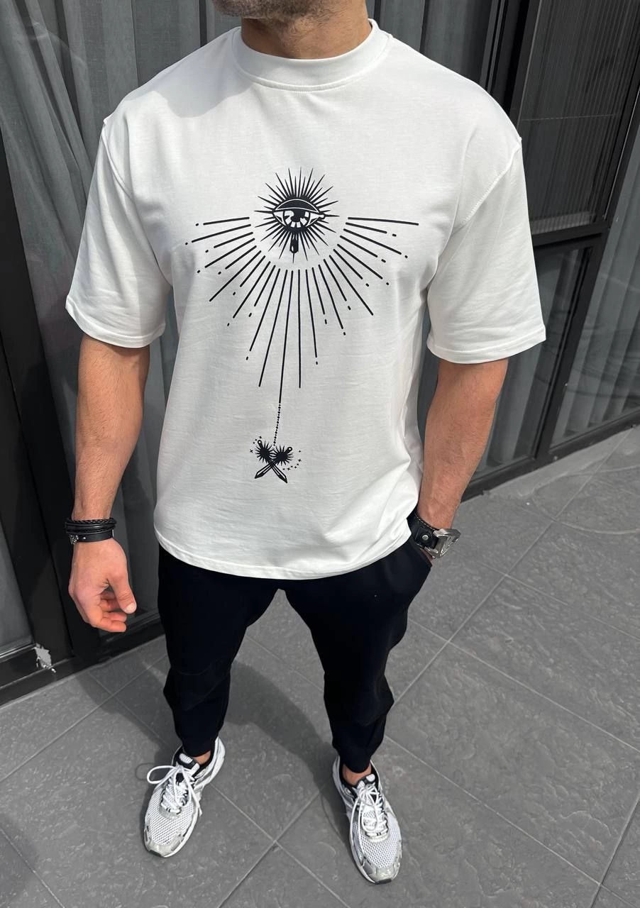 Erkek Kısa Kol Tişört Bisiklet Yaka GÜL Baskılı Oversize T-Shirt - Beyaz