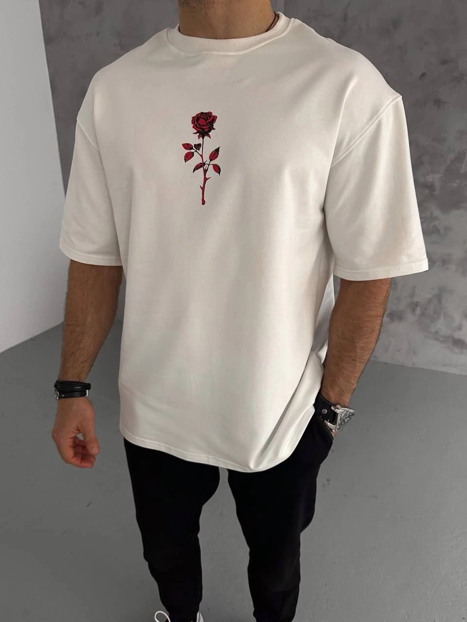 Erkek Kısa Kol Tişört Bisiklet Yaka GÜL Baskılı Oversize T-Shirt - Beyaz