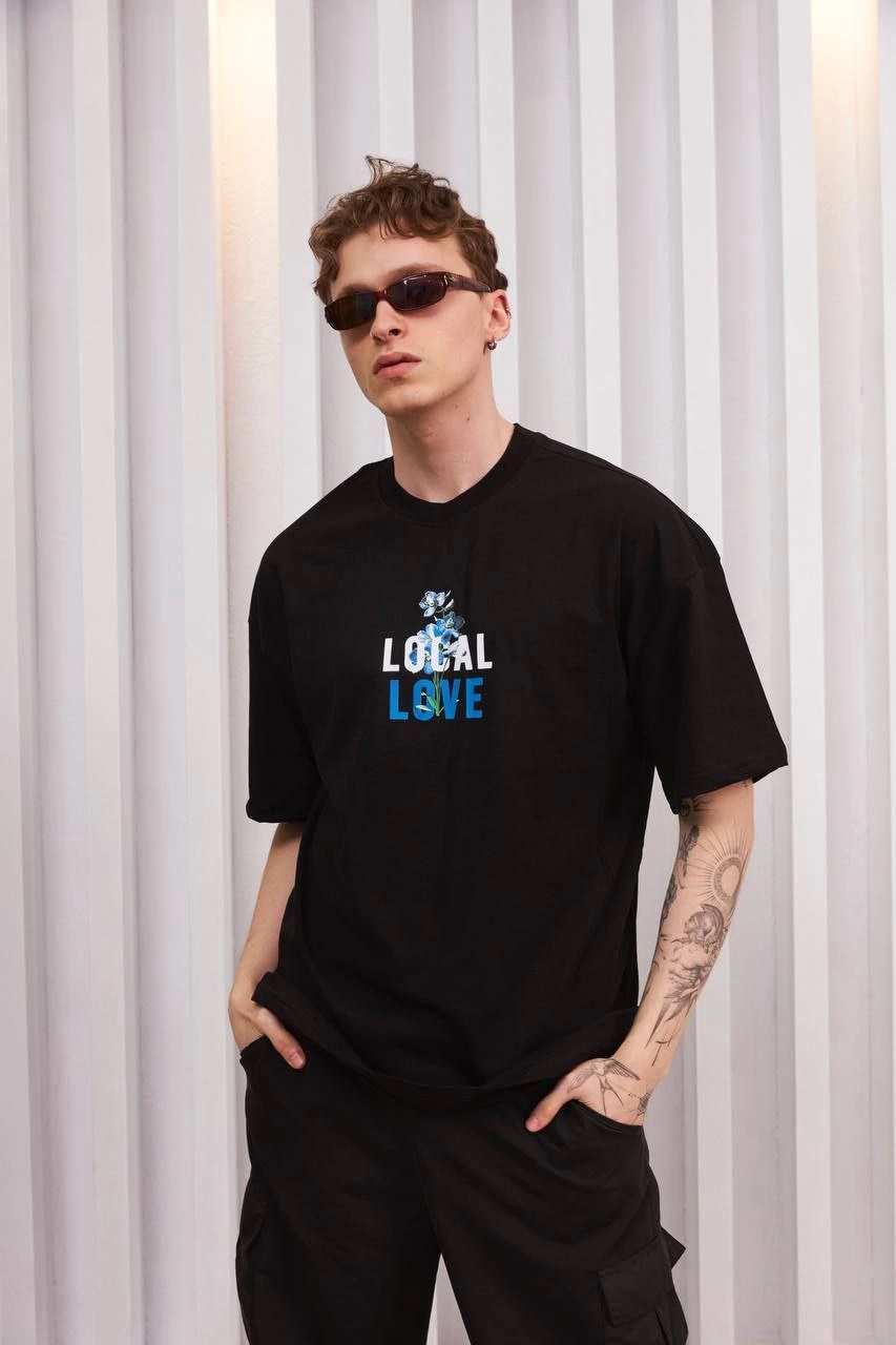 ERKEK Bisiklet Yaka Baskılı Oversize Kısa kol T-Shirt - Siyah