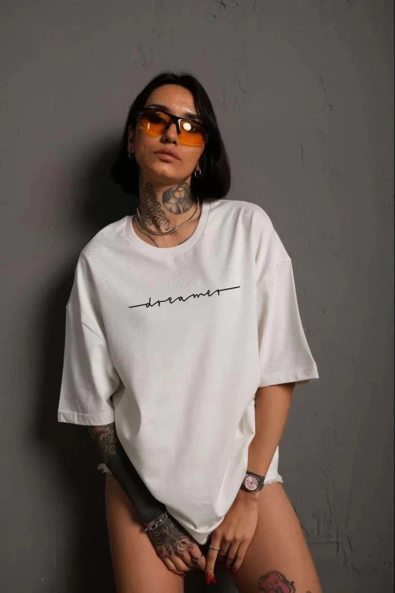 Kadın Bisiklet Yaka Baskılı  Kısa kol T-Shirt - Beyaz