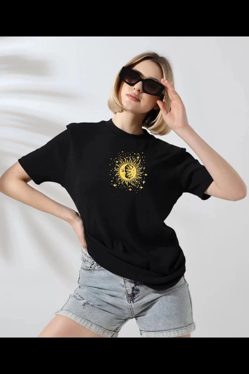 Kadın Bisiklet Yaka Baskılı  Kısa kol T-Shirt - Siyah