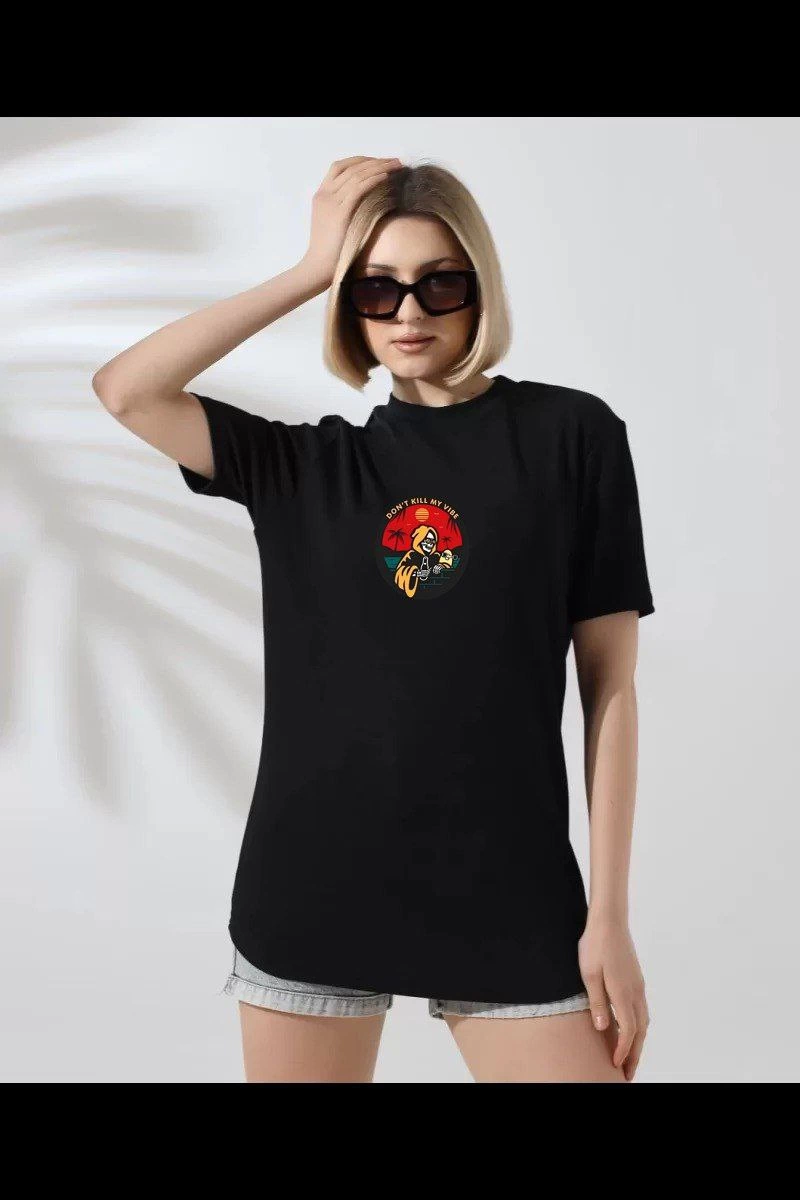Kadın Bisiklet Yaka Baskılı  kısa kol T-Shirt - Siyah