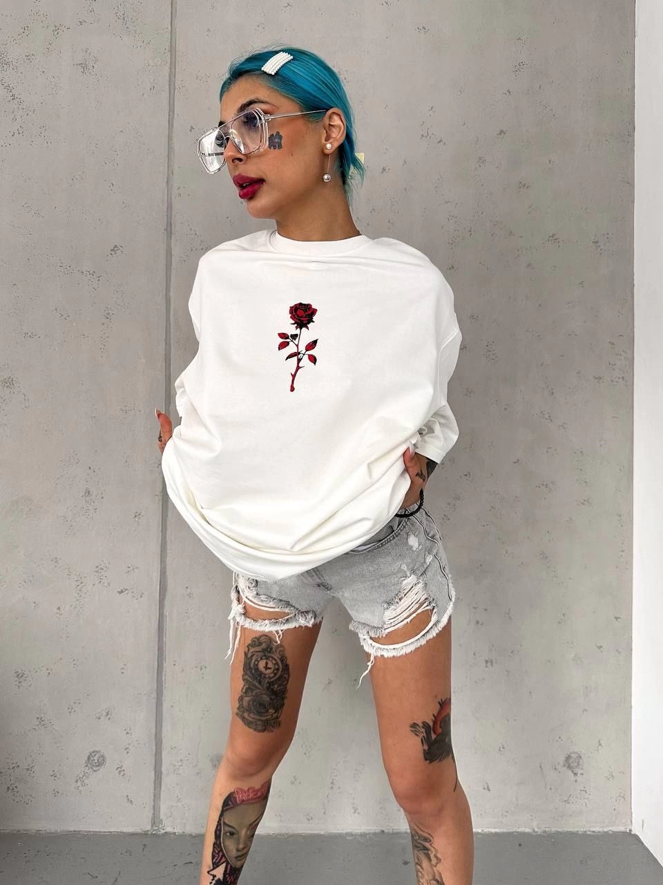 kadın Bisiklet Yaka Baskılı Oversize Kısa kol  T-Shirt - Beyaz