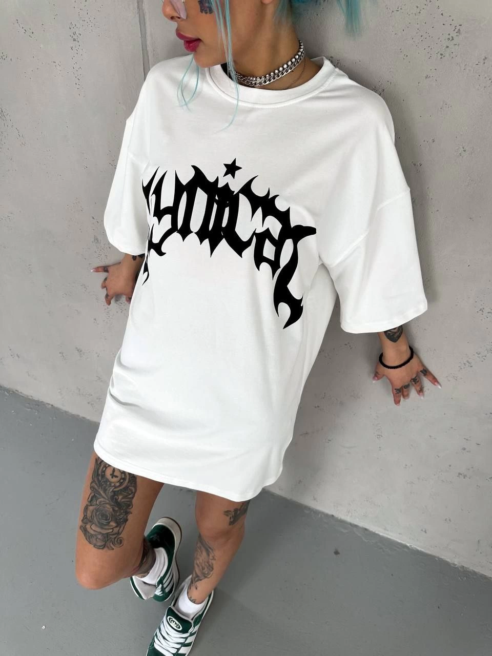 kadın Bisiklet Yaka Baskılı Oversize  Kısa kol T-Shirt - Beyaz