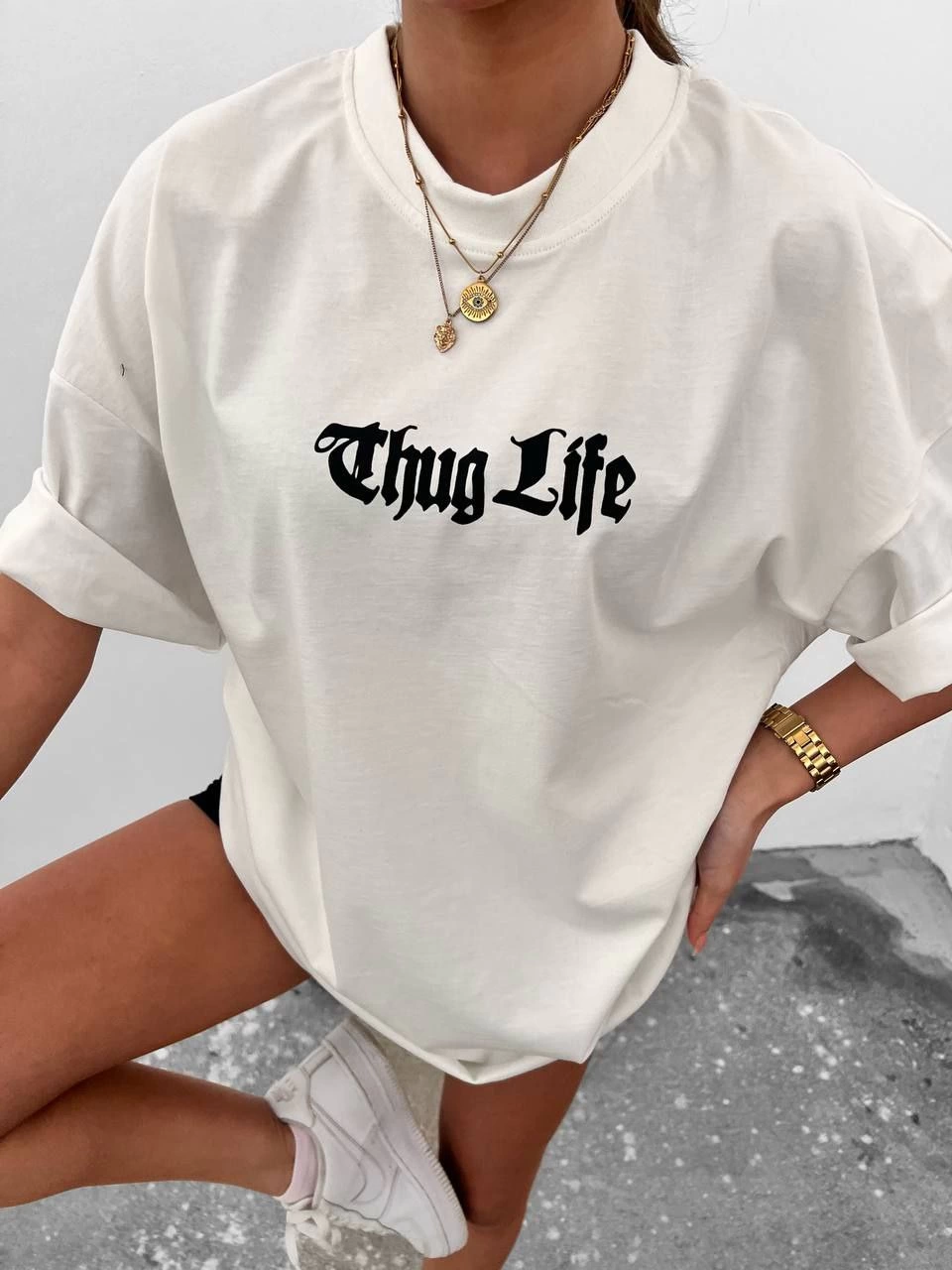 Kadın Bisiklet Yaka Baskılı Oversize  Kısa kol T-Shirt - Beyaz