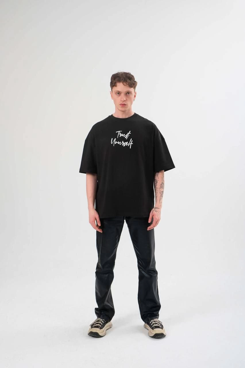 Erkek Kısa Kol Yazlık Tişört Bisiklet Yaka Baskılı Oversize T-Shirt - Siyah