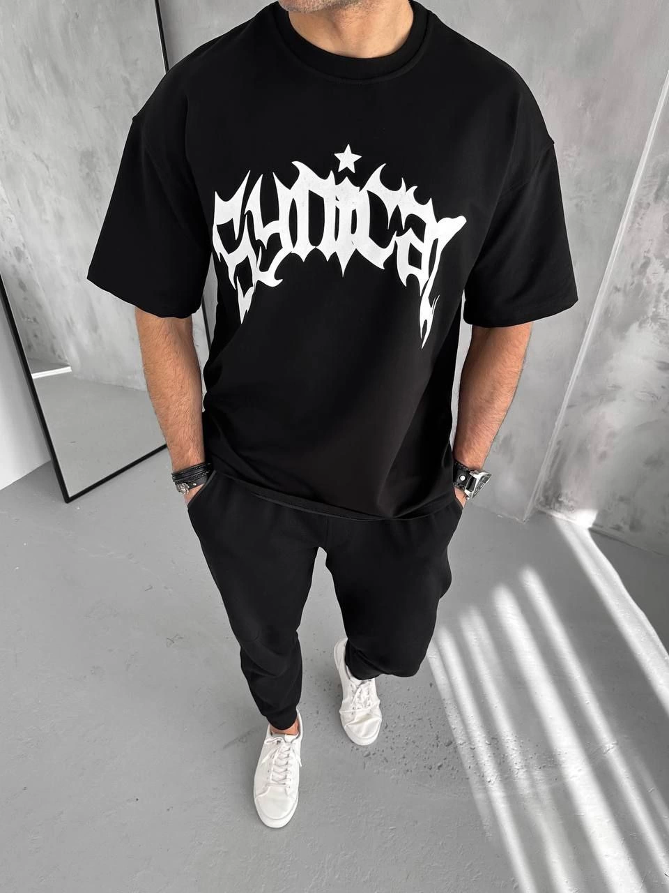 Erkek Tişört Bisiklet Yaka Baskılı Oversize Kısa kol T-Shirt - Siyah