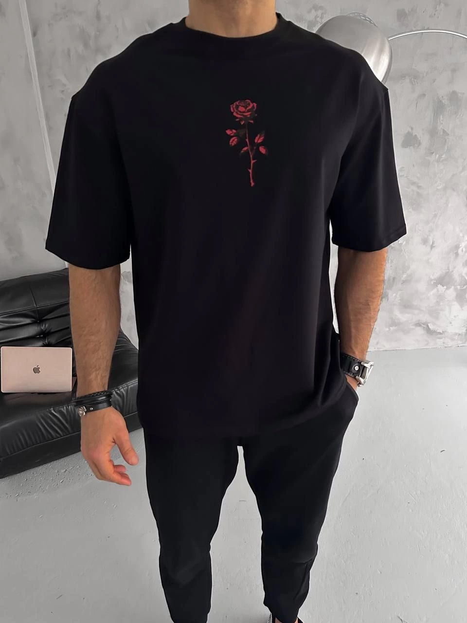 Erkek Bisiklet Yaka Baskılı Oversize  Kısa kol T-Shirt - Siyah