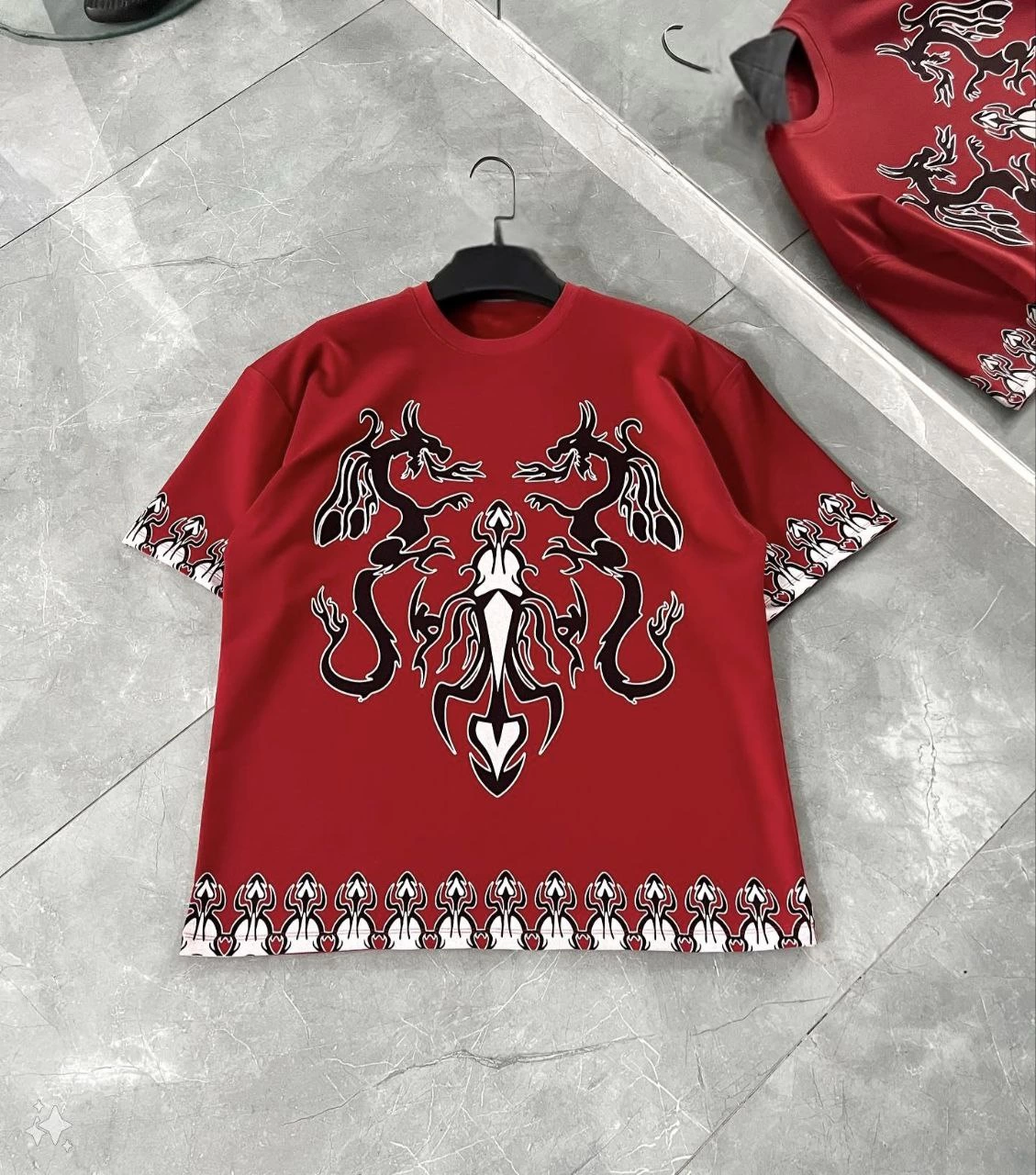 Erkek  Kısa kol Bisiklet Yaka Baskılı Oversize T-Shirt - Kırmızı