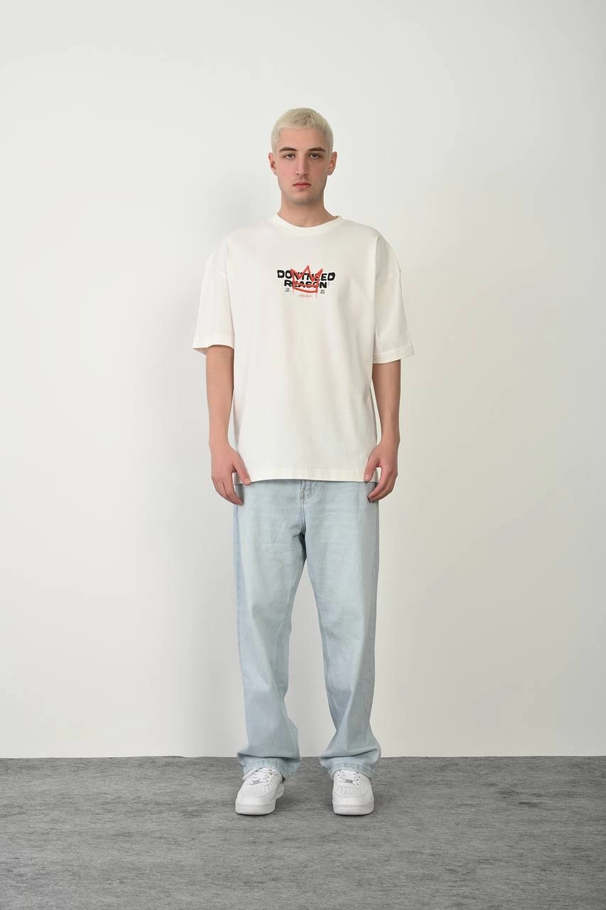 Erkek Kısa Kol Yazlık Tişört Bisiklet Yaka Baskılı Oversize T-Shirt - Beyaz