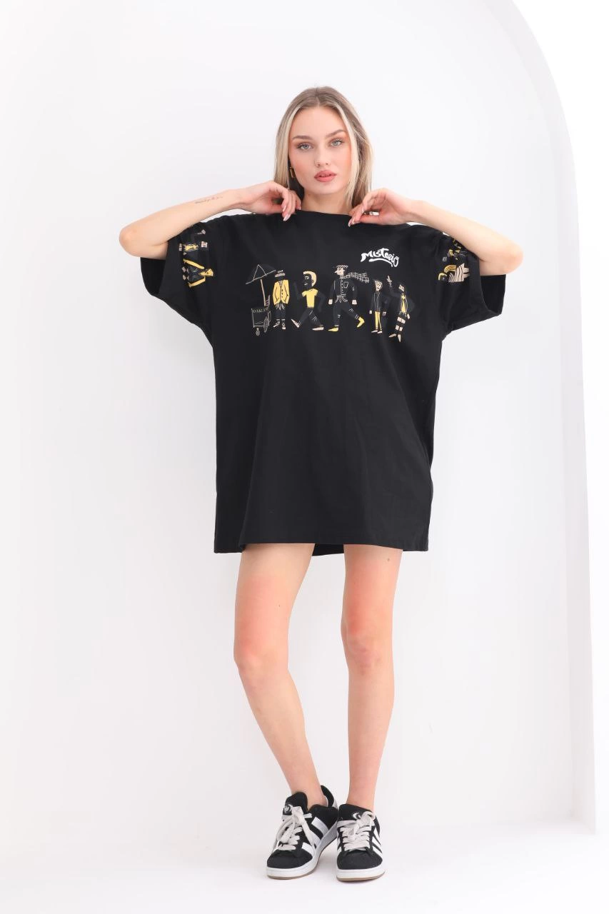 Kadın Kısa Kol Yazlık Tişört Bisiklet Yaka Baskılı Oversize T-Shirt - Siyah