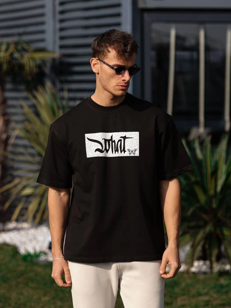 Erkek Kısa Kol Yazlık Tişört Bisiklet Yaka Baskılı Oversize T-Shirt - Siyah