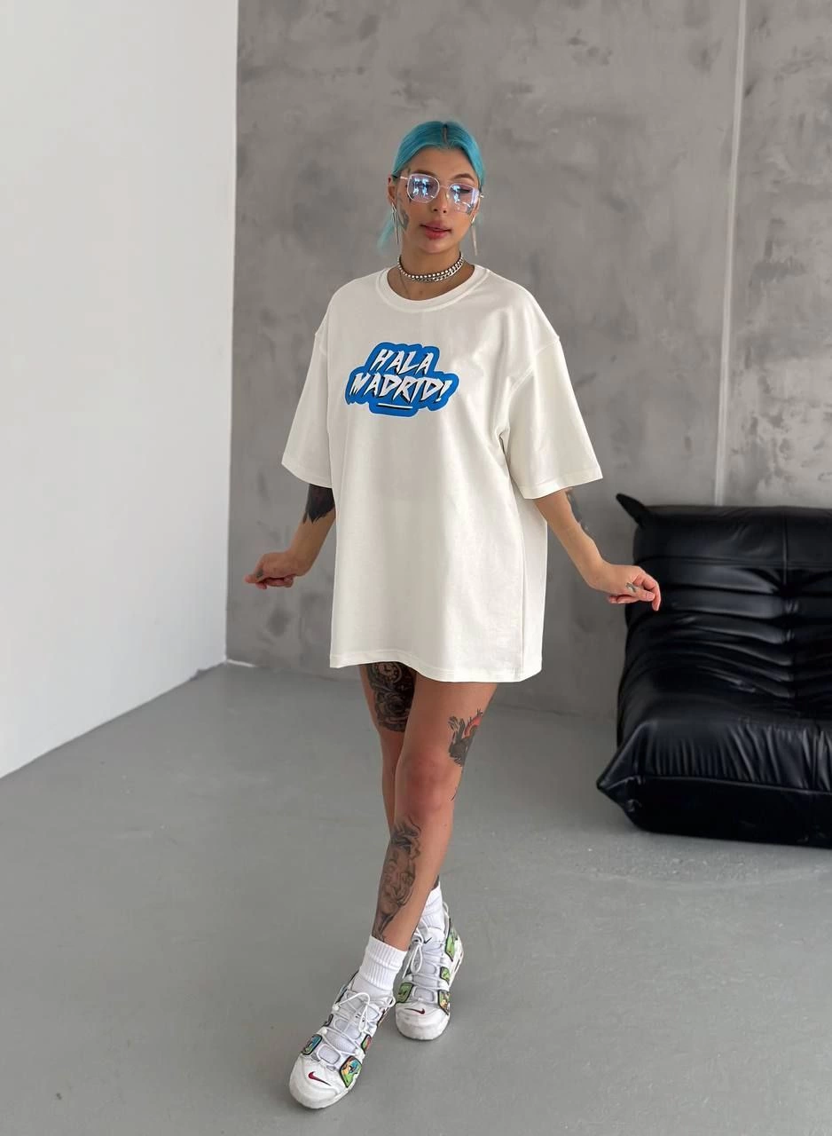 Kadın Kısa Kol Yazlık Tişört Bisiklet Yaka Baskılı Oversize T-Shirt - Beyaz