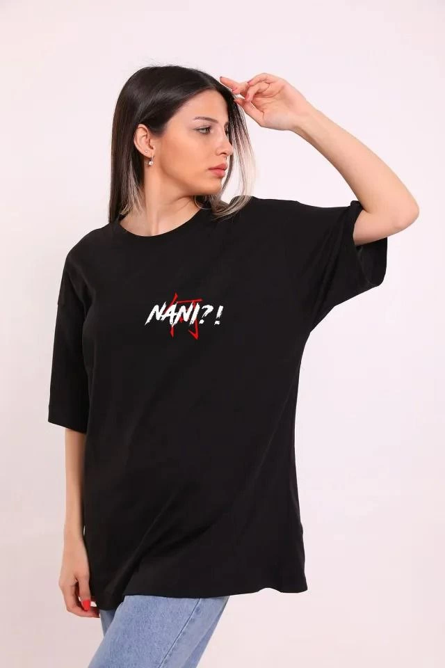 Kadın Kısa Kol Yazlık Tişört Bisiklet Yaka Baskılı Oversize T-Shirt - Siyah