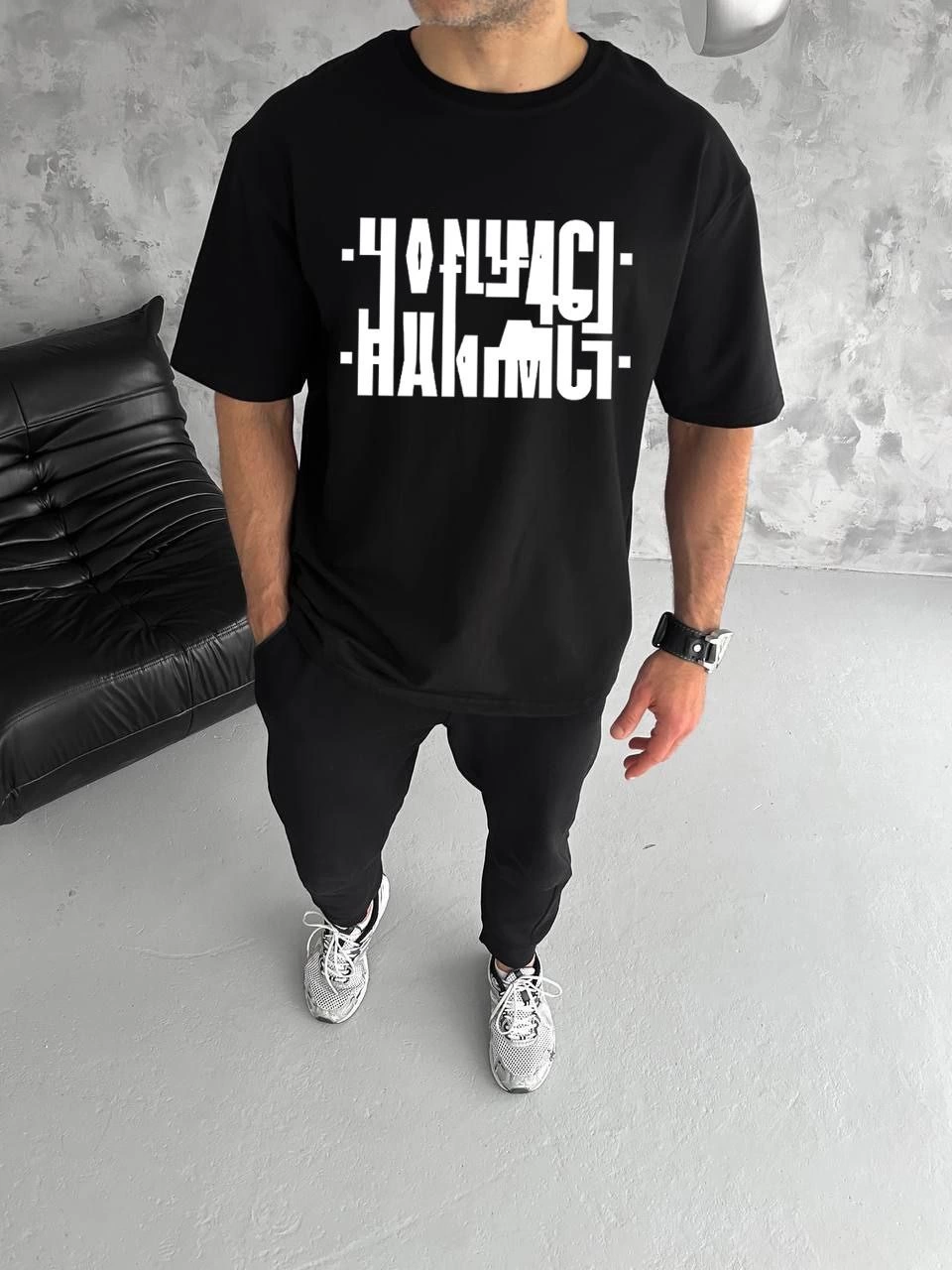 Erkek Tişört Kısa Kol Bisiklet Yaka Katlanan HANIMCI Baskılı T-Shirt - Siyah