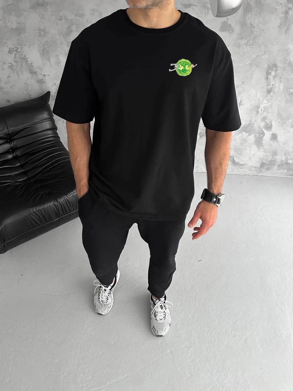 Erkek Kısa Kol Tişört Bisiklet Yaka RİCK AND MORTY Baskılı T-Shirt - Siyah