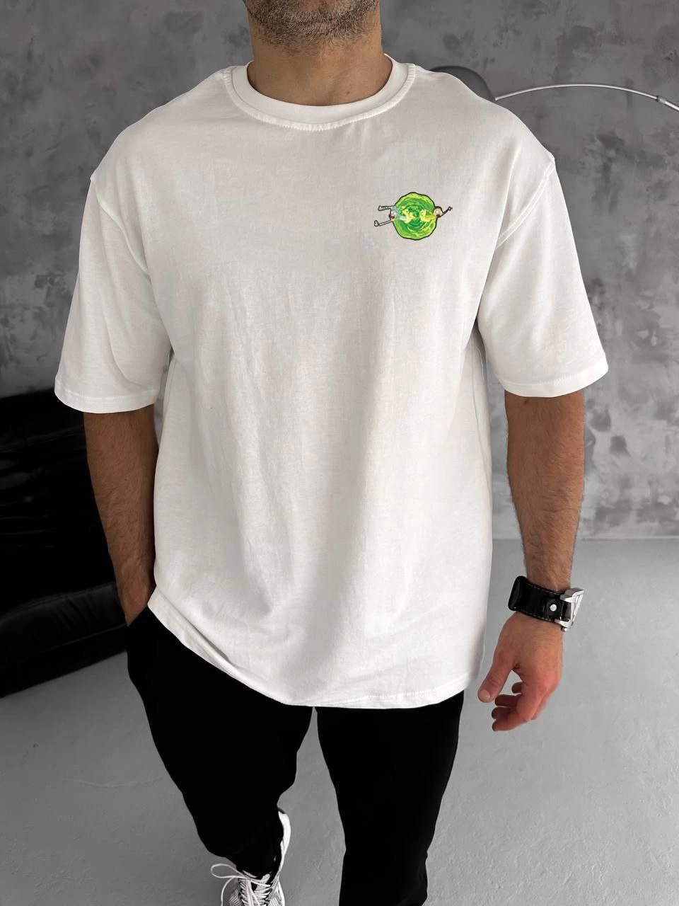 Erkek Kısa Kol Tişört Bisiklet Yaka RİCK AND MORTY Baskılı T-Shirt - Beyaz