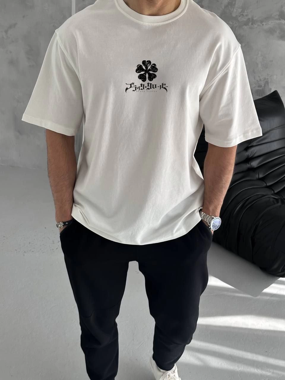 Erkek Kısa Kol Tişört Bisiklet Yaka YONCA Baskılı Oversize T-Shirt -  Beyaz