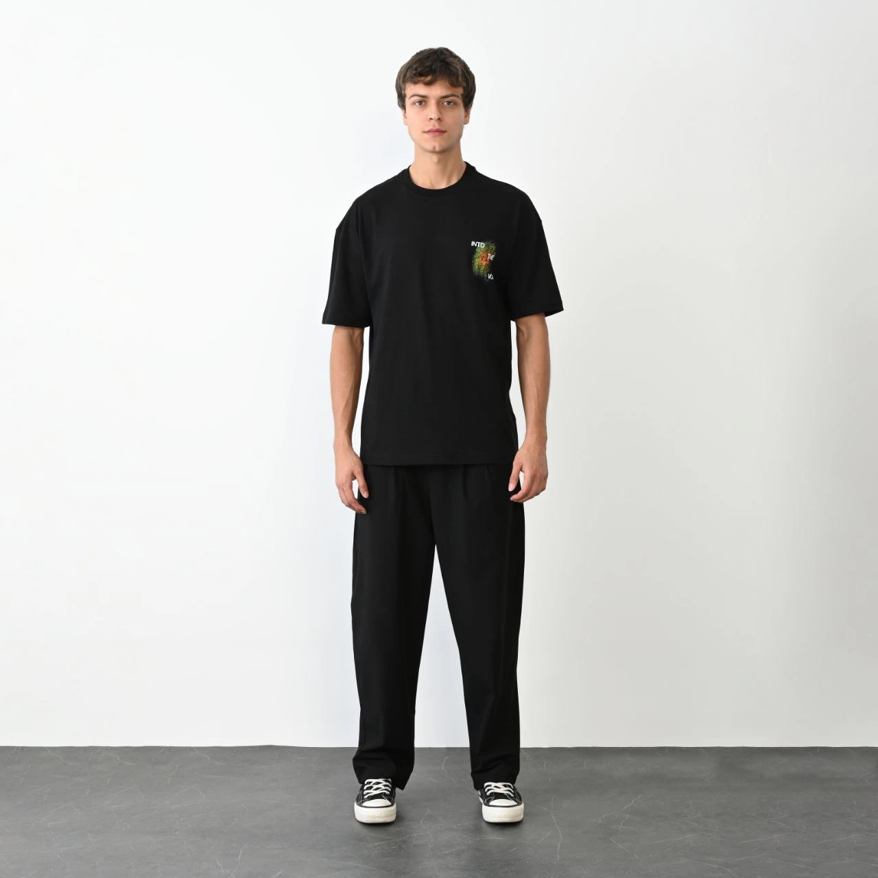 Erkek Kısa Kol Yazlık Tişört Bisiklet Yaka Baskılı Oversize T-Shirt - Siyah