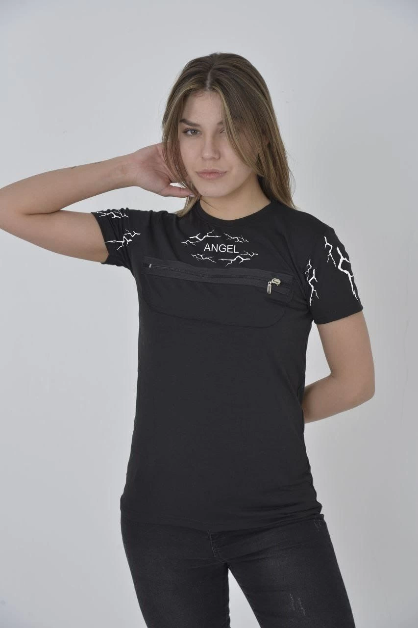 Kadın Baskılı T-Shirt Kısa Kol Bisiklet Yaka Göğüs Fermuarlı Tişört - Siyah