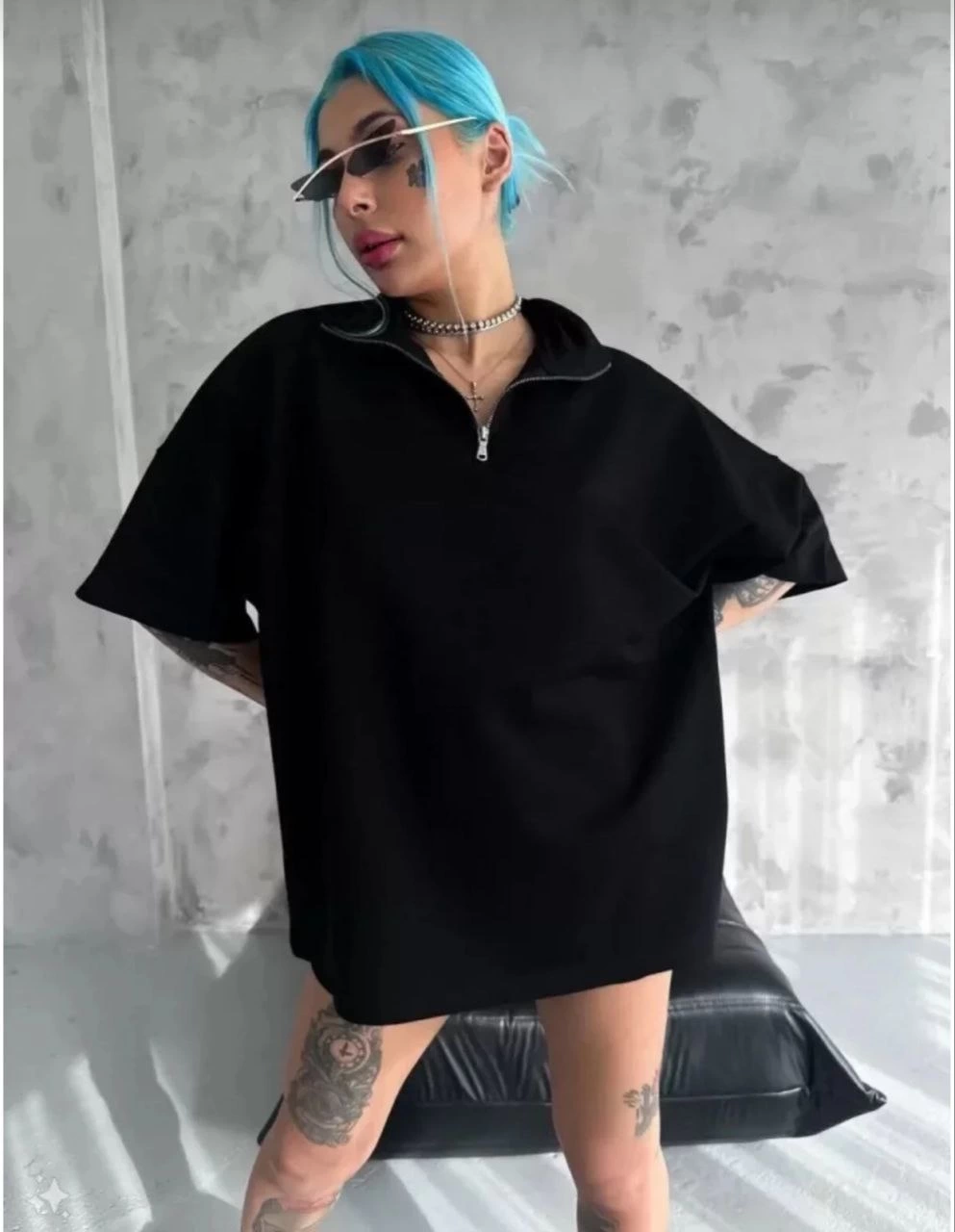 Kadın Yarım Fermuarlı Tişört Düz Oversize T-Shirt - Siyah