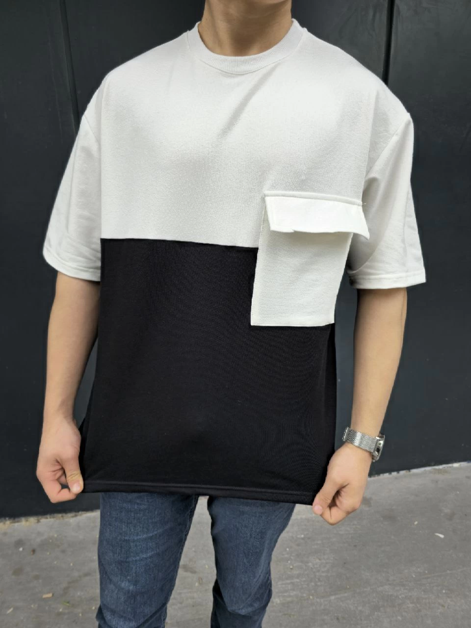 Erkek Kısa Kol Yazlık Tişört Torba Cepli Parçalı T-Shirt - Siyah