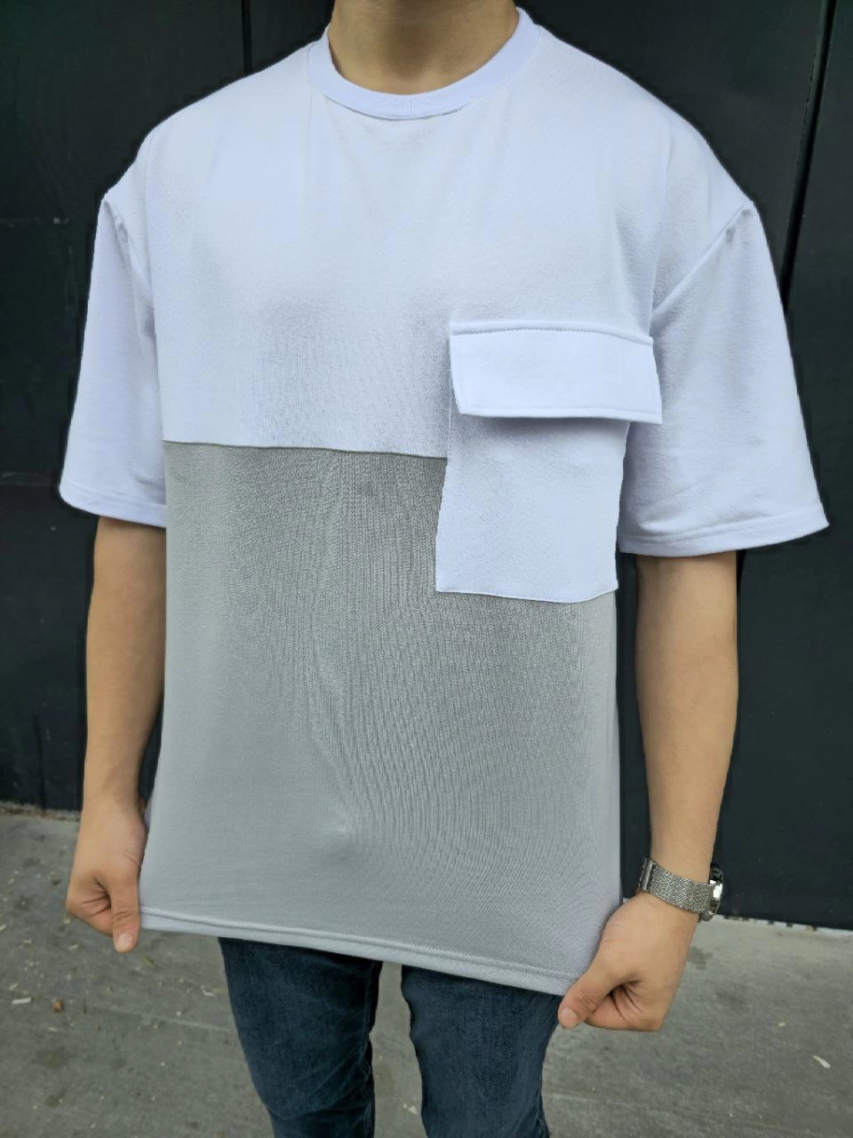 Erkek Kısa Kol Yazlık Tişört Torba Cepli Parçalı T-Shirt - Gri