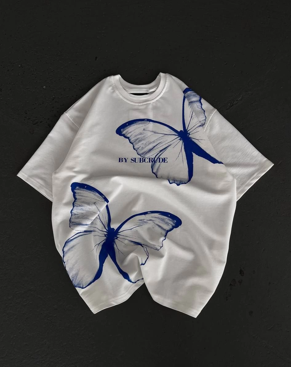 kadın  Bisiklet Yaka Baskılı Oversize T-Shirt - Beyaz