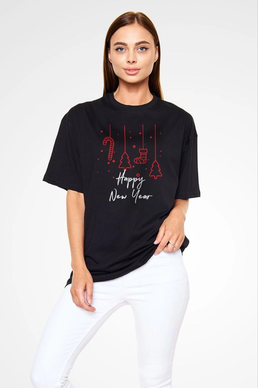 kadın Bisiklet Yaka  Kısa kol Baskılı Oversize T-Shirt - Siyah