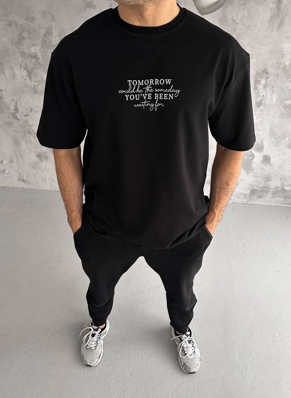Erkek Kısa Kol Yazlık Tişört Bisiklet Yaka Baskılı Oversize T-Shirt - Siyah