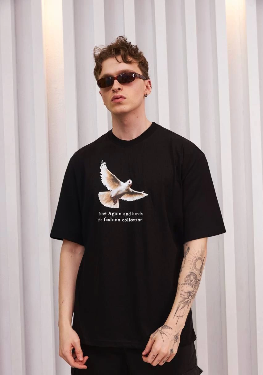 Erkek Kısa Kol Yazlık Tişört Bisiklet Yaka Baskılı Oversize T-Shirt - Siyah