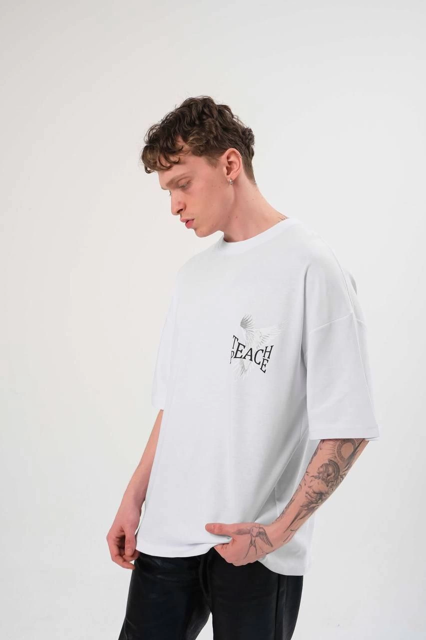 Erkek Kısa Kol Yazlık Tişört Bisiklet Yaka Baskılı Oversize T-Shirt - Beyaz