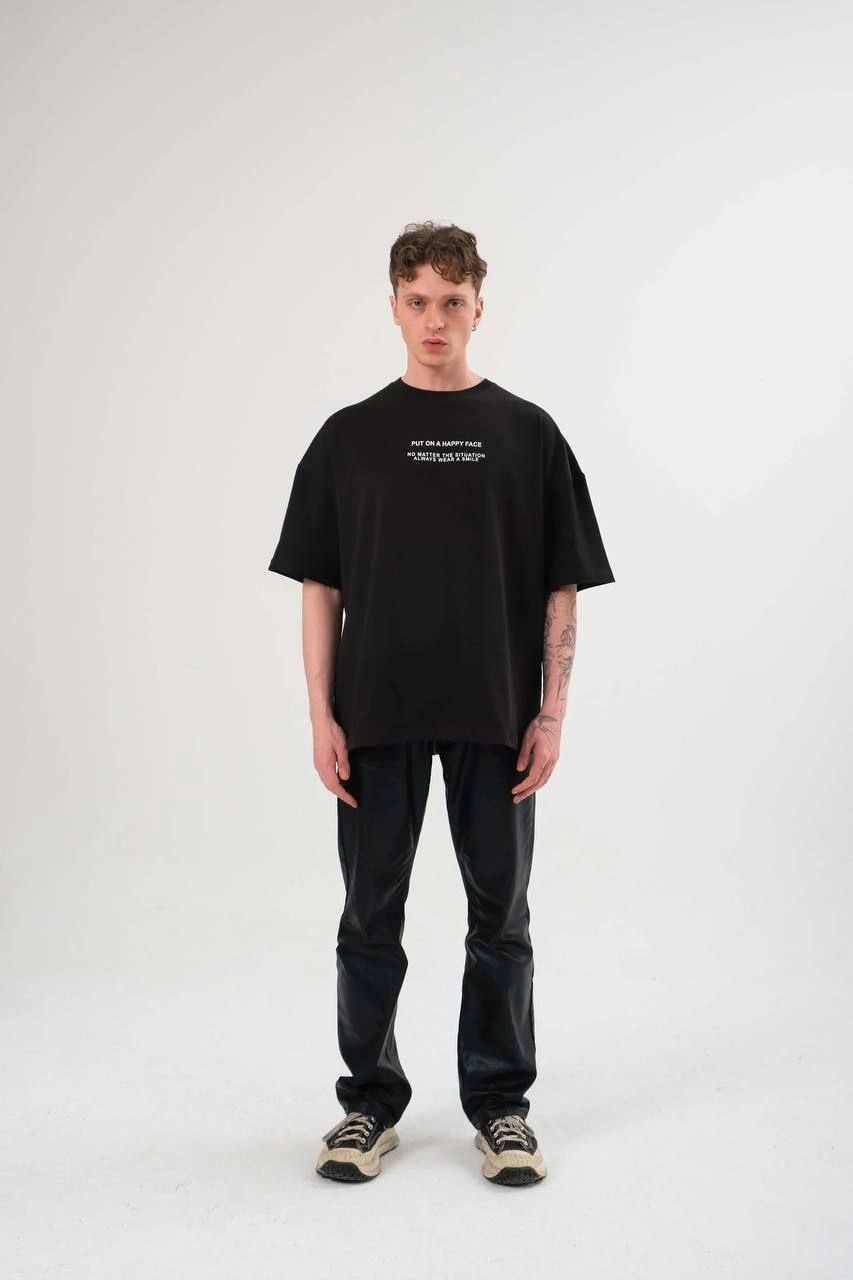 Erkek Kısa Kol Yazlık Tişört Bisiklet Yaka Baskılı Oversize T-Shirt - Siyah