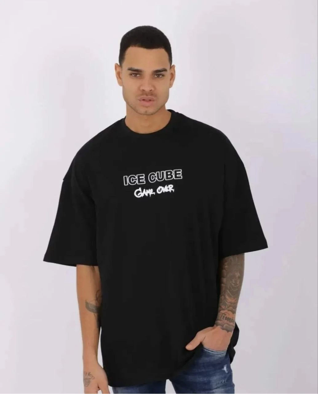 Erkek Kısa Kol Yazlık Tişört Bisiklet Yaka Baskılı Oversize T-Shirt - Siyah