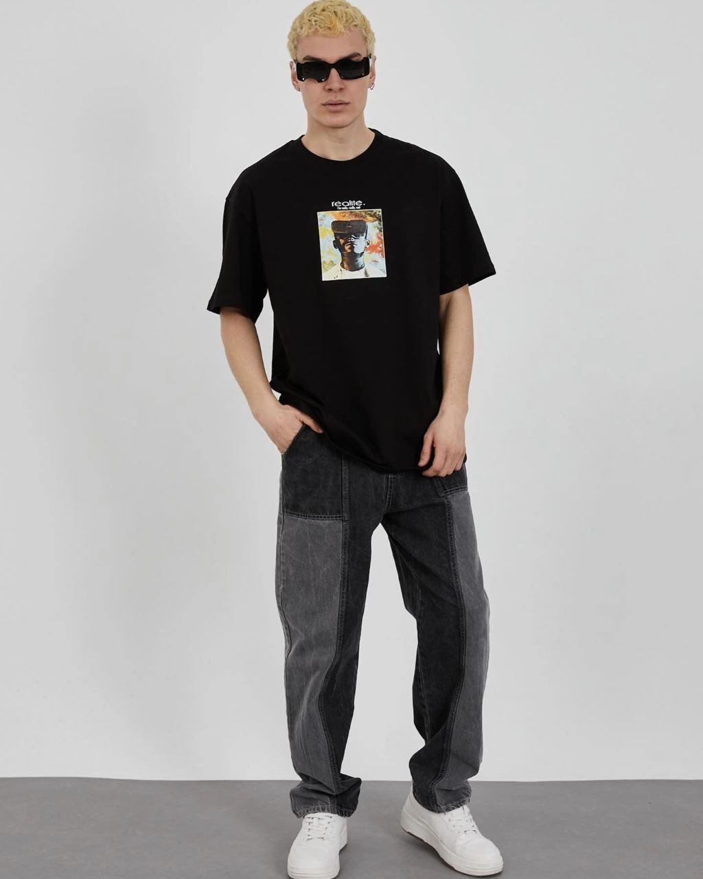 Erkek Kısa Kol Yazlık Tişört Bisiklet Yaka Baskılı Oversize T-Shirt - Siyah