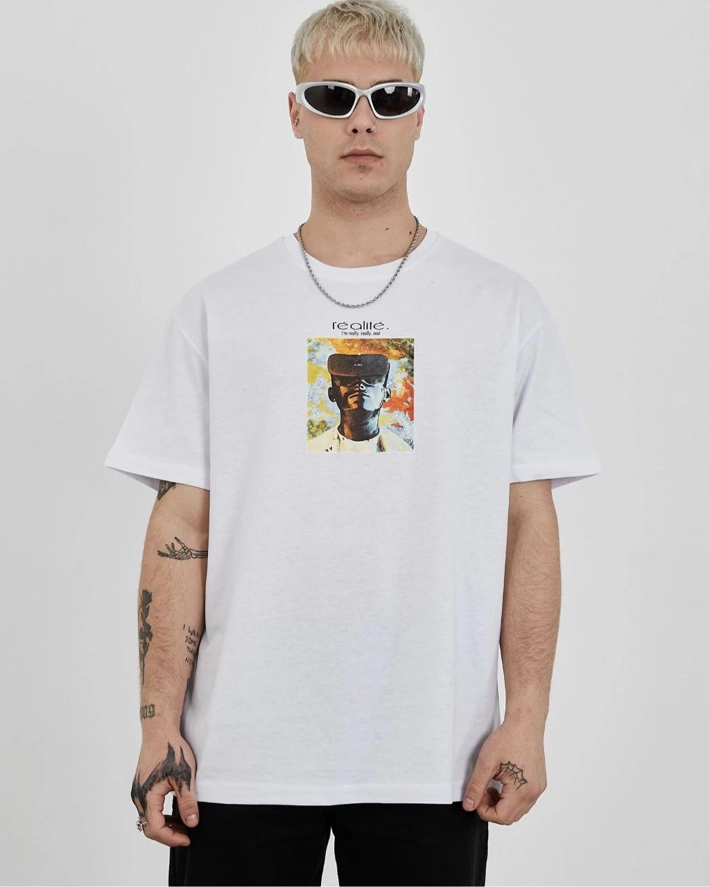 Erkek Kısa Kol Yazlık Tişört Bisiklet Yaka Baskılı Oversize T-Shirt - Beyaz