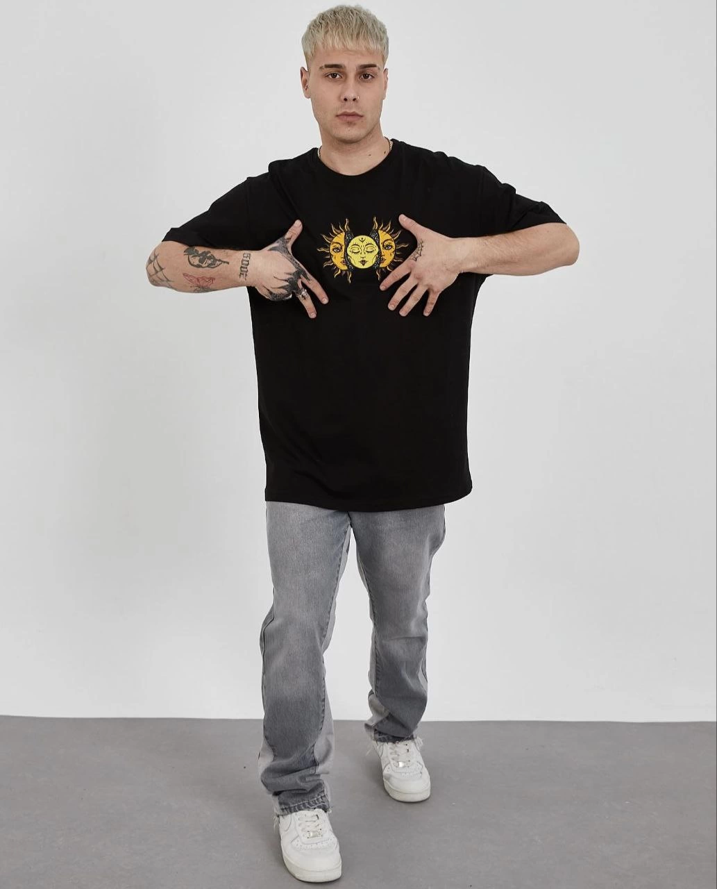 Erkek Kısa Kol Yazlık Tişört Bisiklet Yaka Baskılı Oversize T-Shirt - Siyah