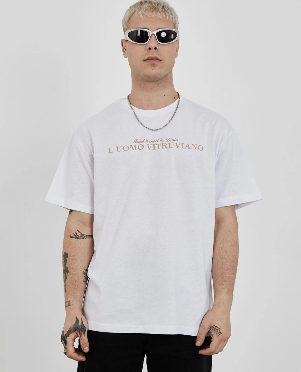 Erkek Bisiklet Yaka Tişort Baskılı Oversize kısa kol T-Shirt - Beyaz