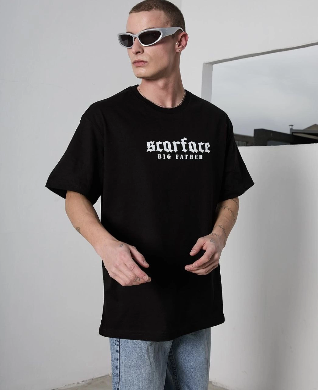 Erkek Kısa Kol Yazlık Tişört Bisiklet Yaka Baskılı Oversize T-Shirt - Siyah