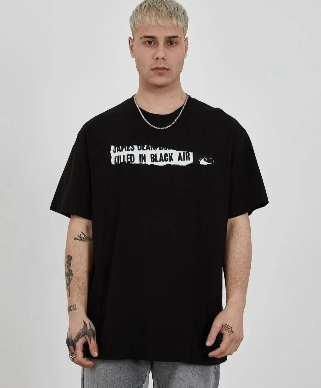 Erkek Kısa Kol Yazlık Tişört Bisiklet Yaka Baskılı Oversize T-Shirt - Siyah