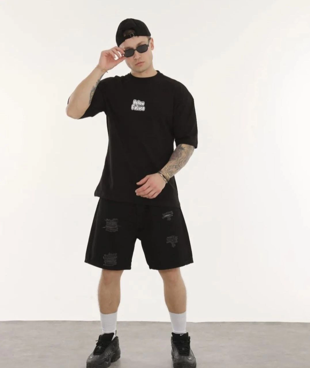 Erkek Kısa Kol Yazlık Tişört Bisiklet Yaka Baskılı Oversize T-Shirt - Siyah