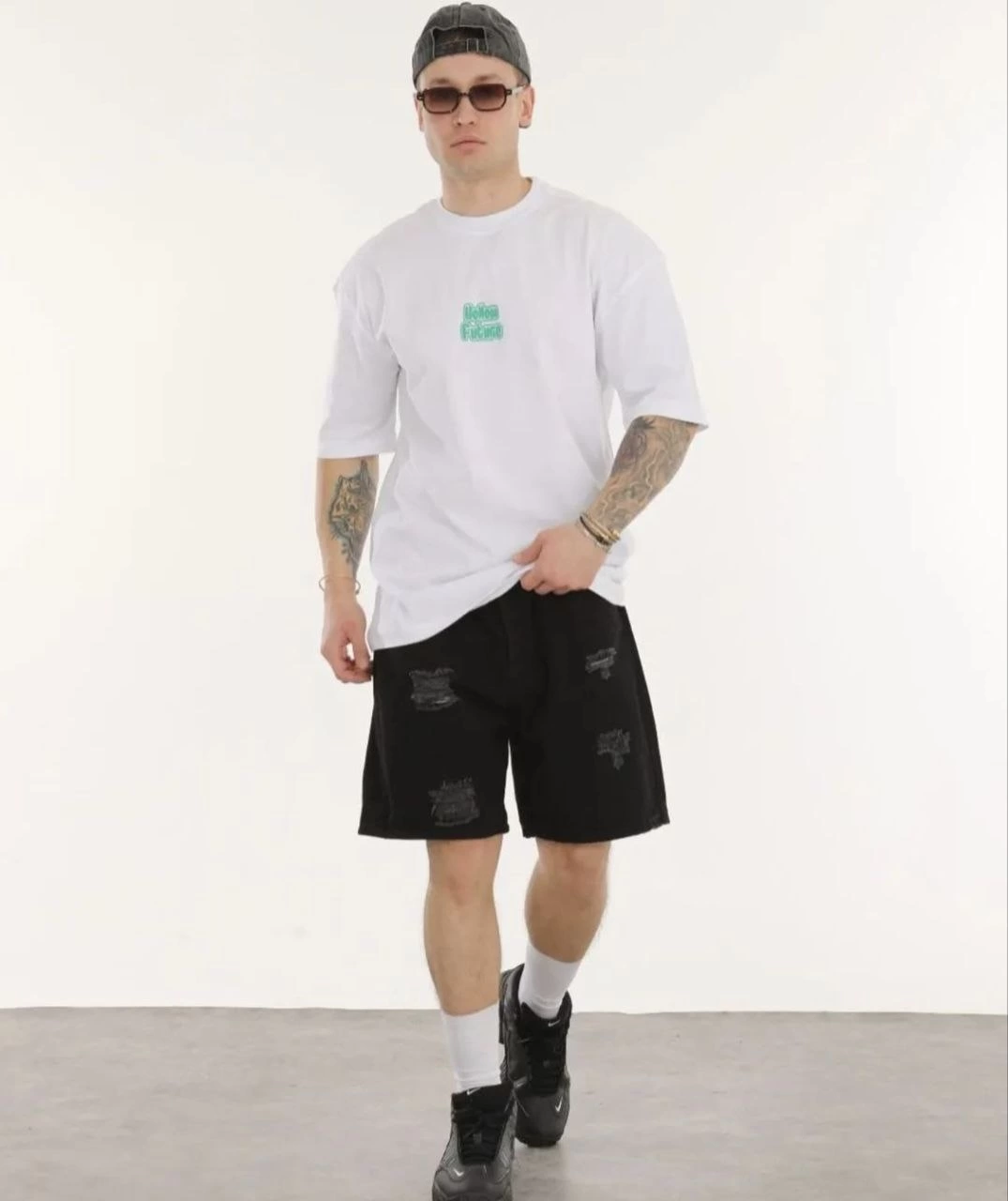 Erkek Kısa Kol Yazlık Tişört Bisiklet Yaka Baskılı Oversize T-Shirt - Beyaz