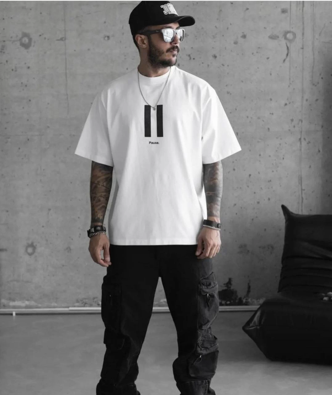 Erkek Kısa Kol Yazlık Tişört Bisiklet Yaka Baskılı Oversize T-Shirt - Beyaz