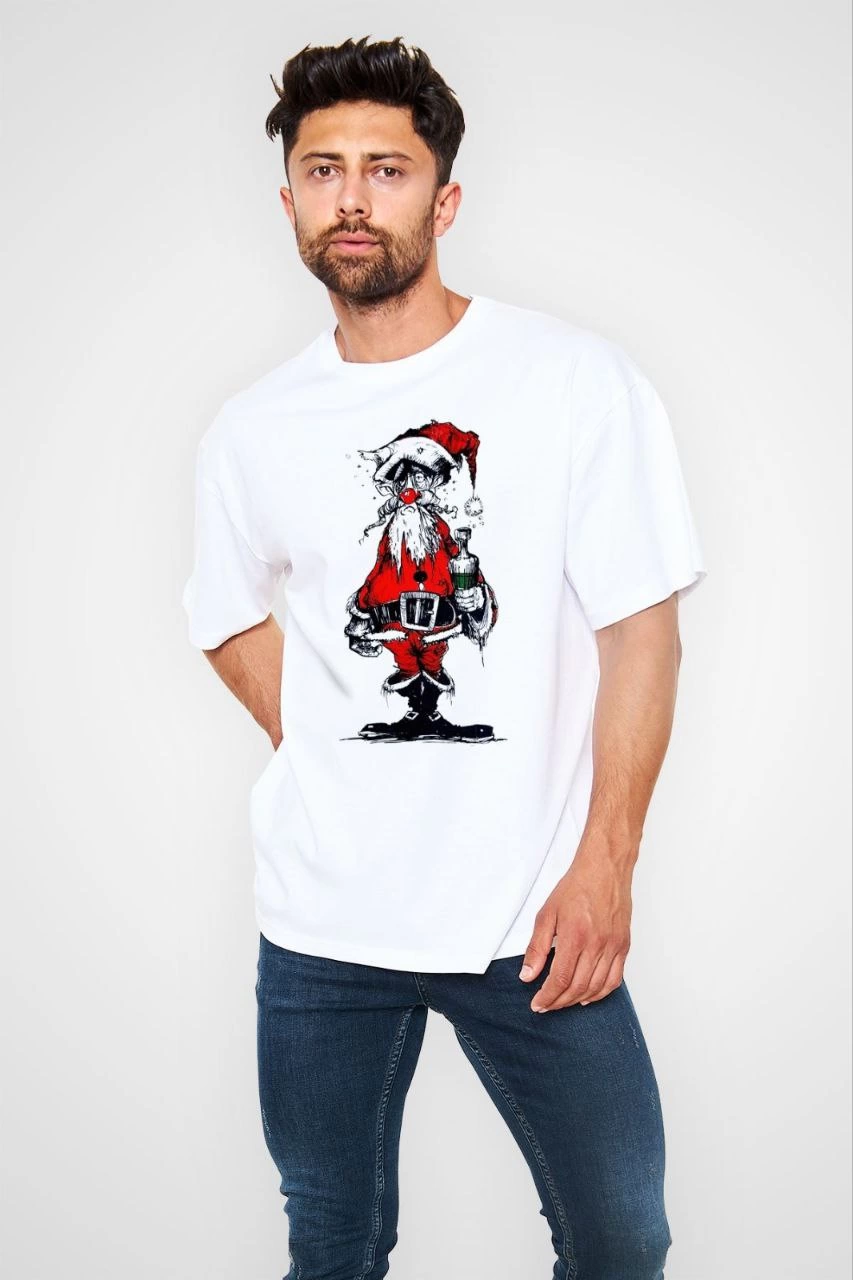 Erkek Kısa Kol Tişört Bisiklet Yaka Yeni Yıl Baskılı T-Shirt - Beyaz
